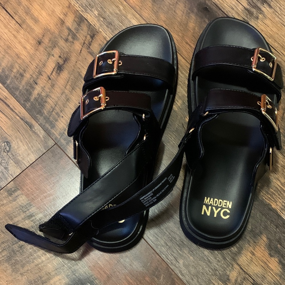 Madden NYC Black Sandals with Gold Buckles